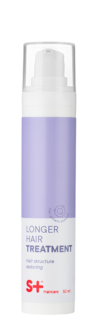 S+ Haircare Longer Hair Treatment Juukseid tugevdav seerum peanahale pikendab juuste eluiga tänu vaskpeptiidile, rikkalikele taimeekstraktidele. UV kaitsega, parabeenide, silikoonivaba.